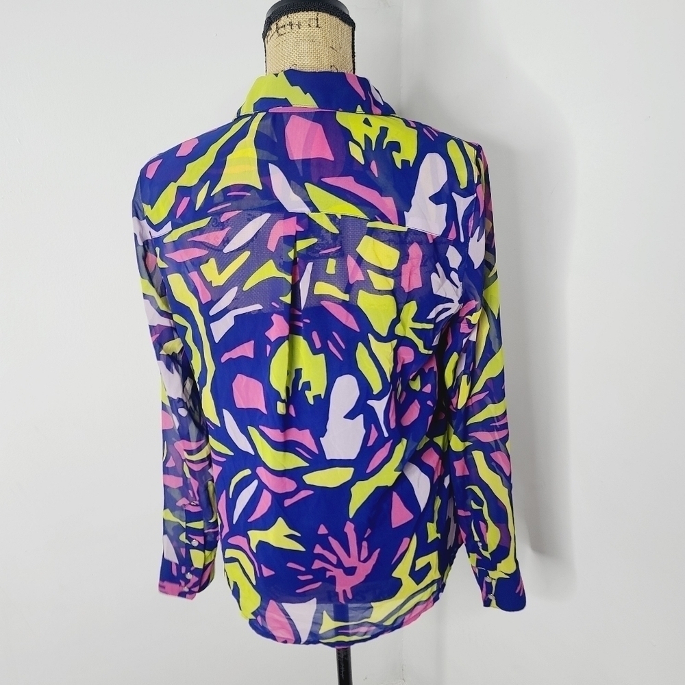 Neon Colorful Geometric Liz Claiborne Blouse Medium Career Semi Sheer - Picture 3 of 14
